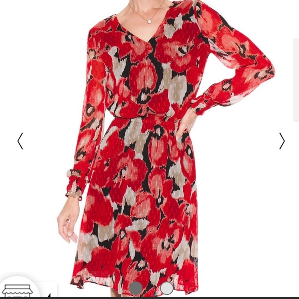 White House Black Market Red & Black Floral V-Neck Long Sleeve Dress